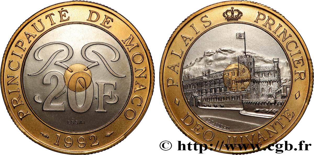 MONACO - PRINCIPALITY OF MONACO - RAINIER III Essai Proof 20 Franc Palais Princier 1992 Paris AU 
