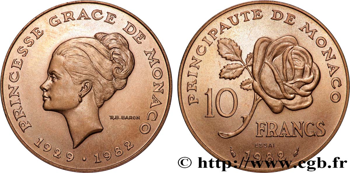MÓNACO - PRINCIPADO DE MÓNACO - RANIERO III Essai de 10 Francs princesse Grace de Monaco 1982 Paris SC 