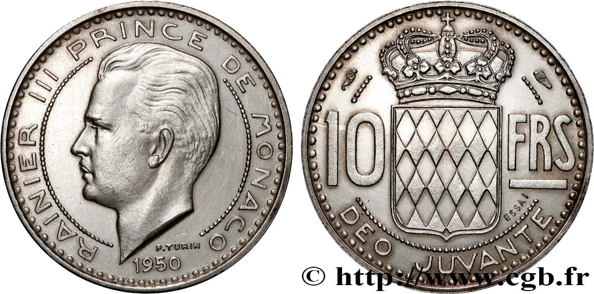 MONACO - PRINCIPALITY OF MONACO - RAINIER III Essai de 10 Francs argent 1950 Paris AU 