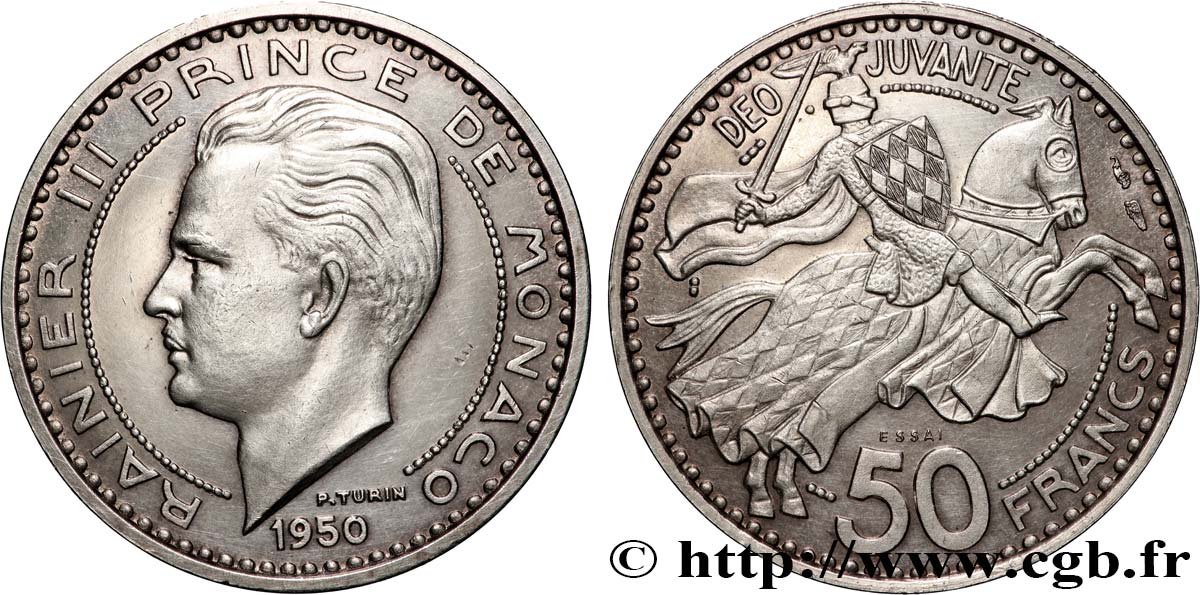 MÓNACO - PRINCIPADO DE MÓNACO - RANIERO III Essai de 50 Francs argent 1950 Paris EBC 