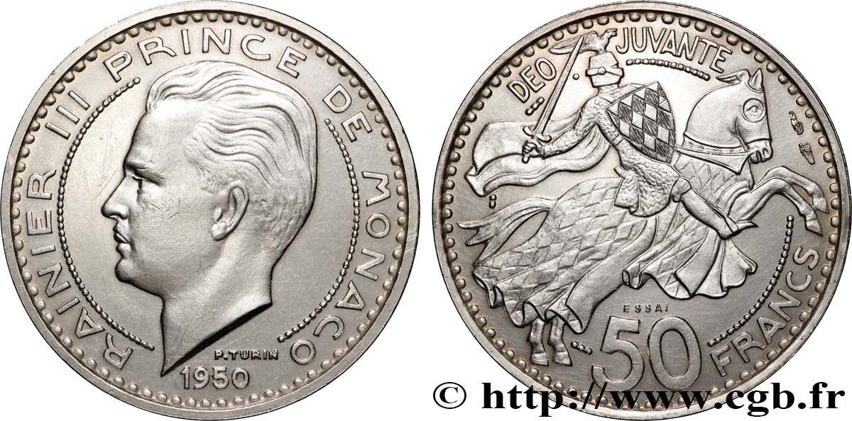 MÓNACO - PRINCIPADO DE MÓNACO - RANIERO III Essai de 50 Francs argent 1950 Paris EBC+ 