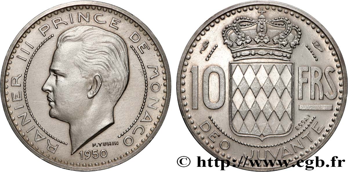 MONACO - PRINCIPALITY OF MONACO - RAINIER III Essai Piéfort de 10 Francs argent 1950 Paris AU 