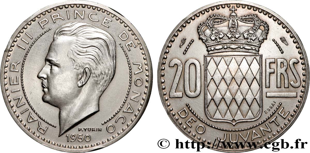 MÓNACO - PRINCIPADO DE MÓNACO - RANIERO III Essai Piéfort de 20 Francs argent 1950 Paris EBC 