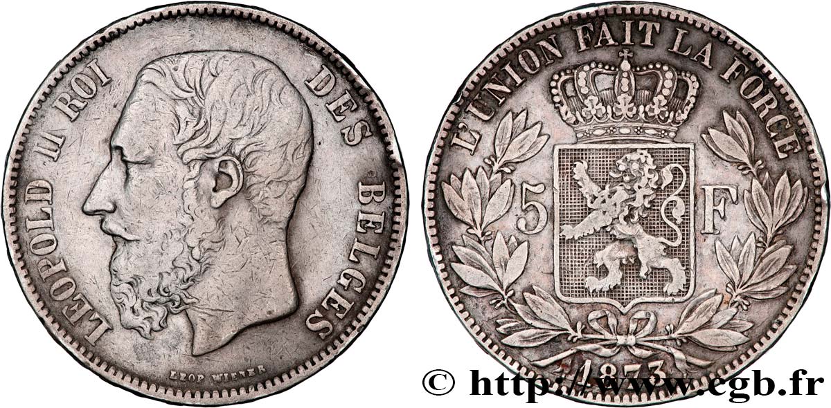 BELGIQUE 5 Francs Léopold II 1873  TTB 