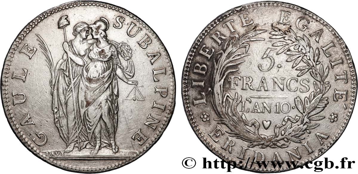 ITALY - SUBALPINE GAUL 5 Francs an 10 1802 Turin XF 