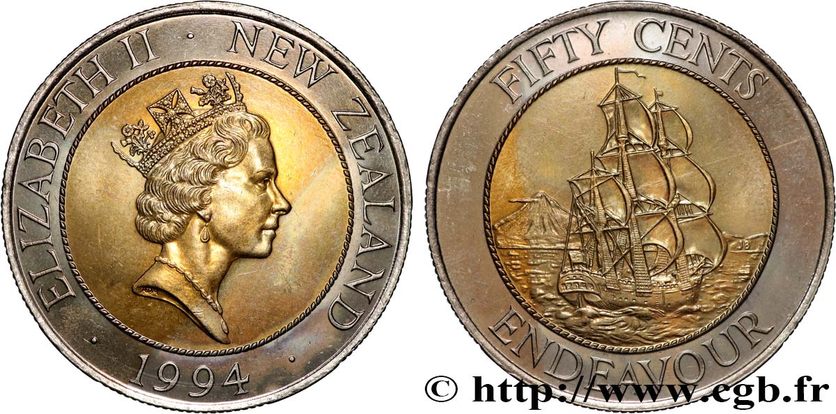 NUEVA ZELANDA
 50 Cents Elisabeth II / HMS Endeavour 1994 Royal Mint SC 