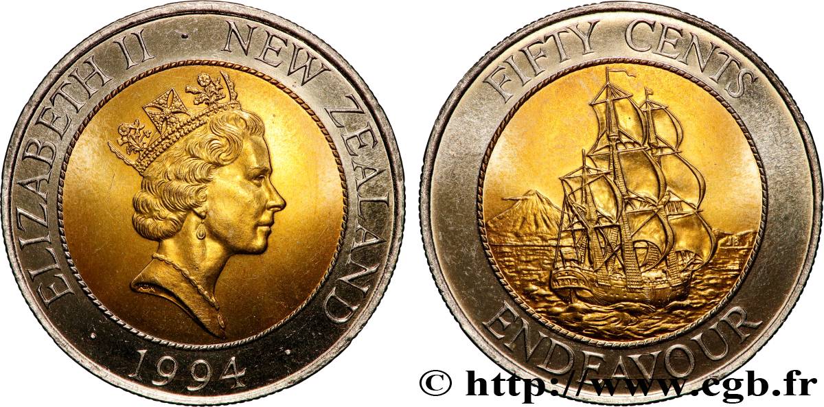 NUEVA ZELANDA
 50 Cents Elisabeth II / HMS Endeavour 1994 Royal Mint SC 