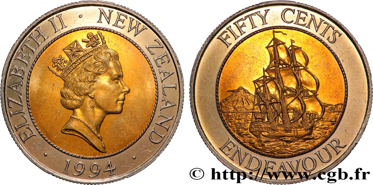 NOUVELLE-ZÉLANDE 50 Cents Elisabeth II / HMS Endeavour 1994 Royal Mint SPL 