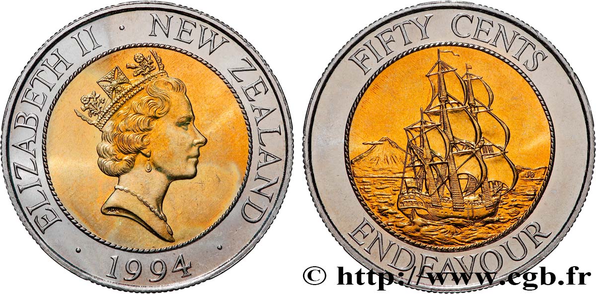 NEUSEELAND
 50 Cents Elisabeth II / HMS Endeavour 1994 Royal Mint fST 