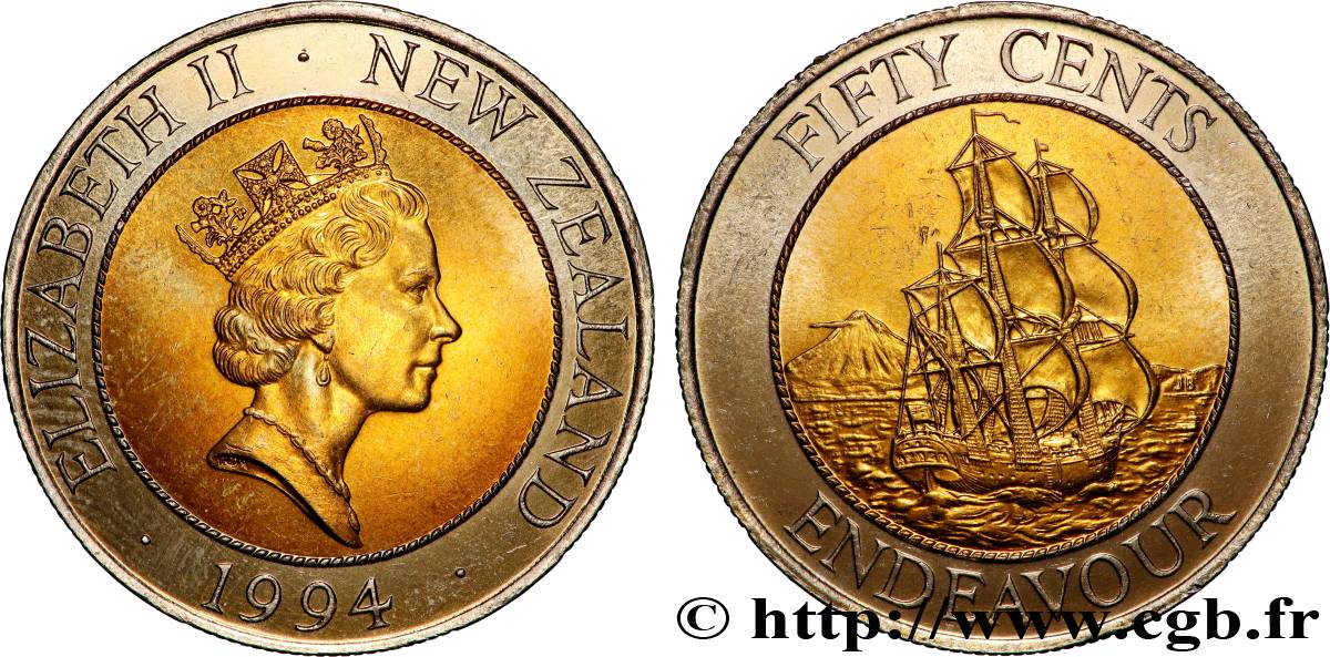 NUEVA ZELANDA
 50 Cents Elisabeth II / HMS Endeavour 1994 Royal Mint SC 