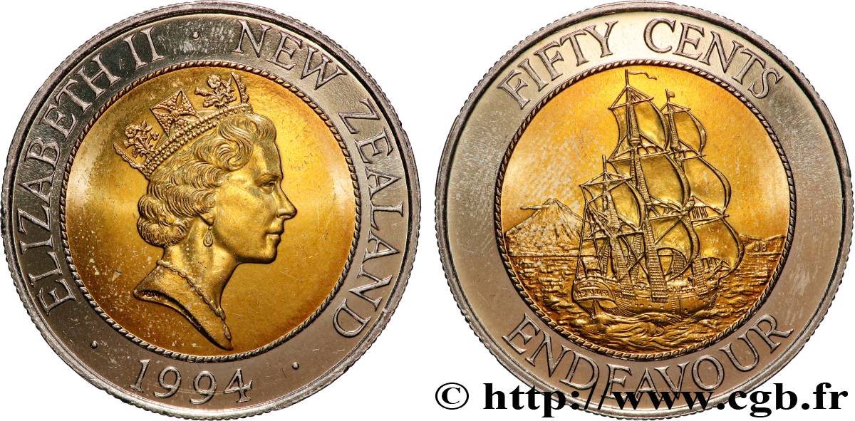 NUEVA ZELANDA
 50 Cents Elisabeth II / HMS Endeavour 1994 Royal Mint SC 