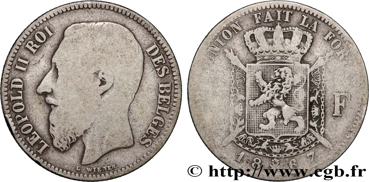 BELGIQUE 2 Francs Léopold II légende française 1867  TB 
