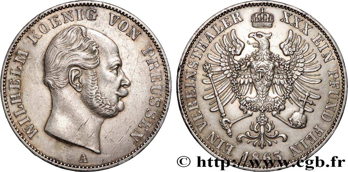 GERMANY - KINGDOM OF PRUSSIA - WILLIAM I 1 Thaler  1863 Berlin AU 