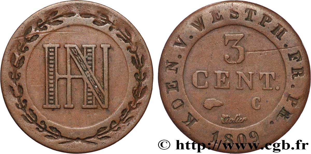 ALLEMAGNE - ROYAUME DE WESTPHALIE 3 Cent. Jérôme Napoléon 1809 Cassel - C TTB 