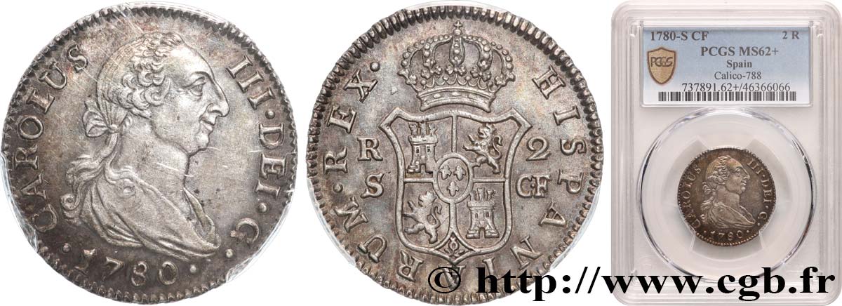 SPAIN - KINGDOM OF SPAIN - CHARLES III 2 Reales  1780 Séville MS62 PCGS