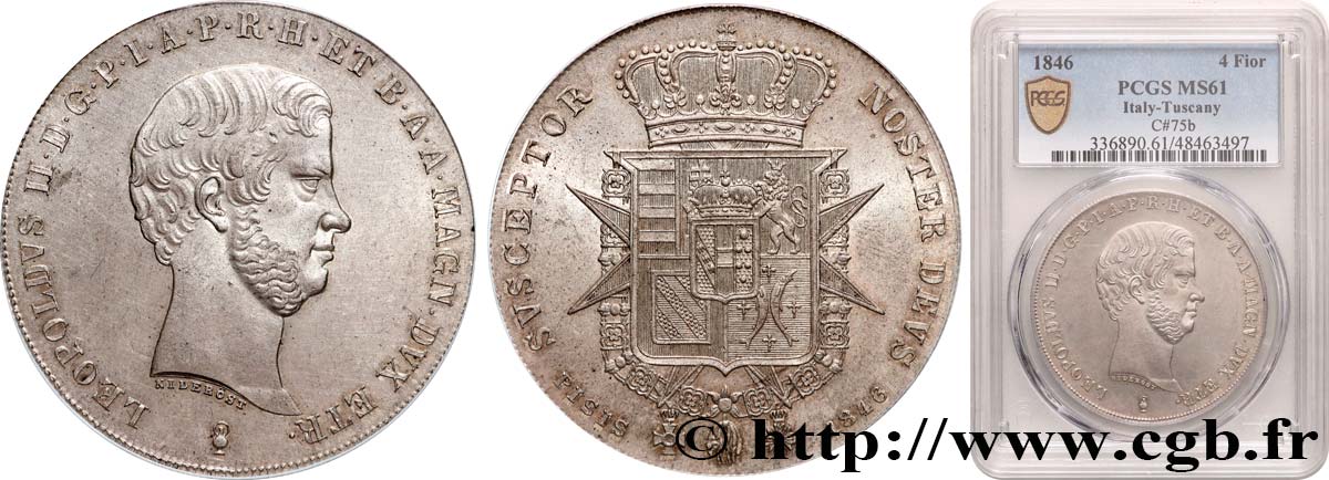 ITALIA - GRAN DUCADO DE TOSCANA - LEOPOLDO II Francescone ou 4 Fiorini 1846 Florence EBC61 PCGS