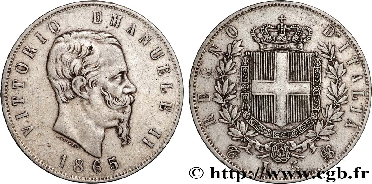 ITALIEN - ITALIEN KÖNIGREICH - VIKTOR EMANUEL II. 5 Lire 1865 Turin SS 