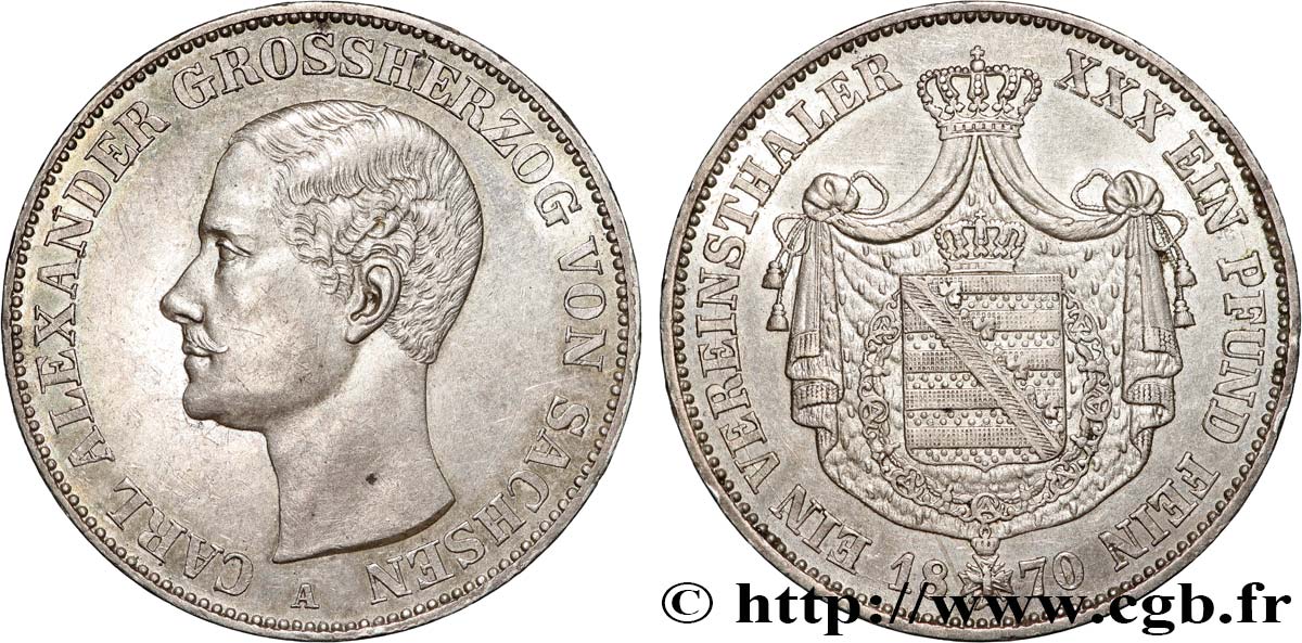 ALLEMAGNE - GRAND-DUCHÉ DE SAXE-WEIMAR-EISENACH - CHARLES-ALEXANDRE 1 Thaler  1870  EBC 