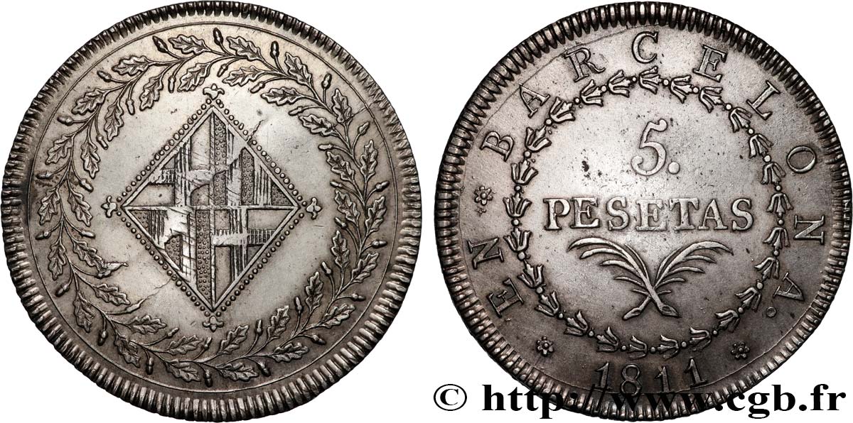 SPAIN - FRENCH OCCUPATION OF BARCELONA 5 pesetas 1811 Barcelone MBC+ 