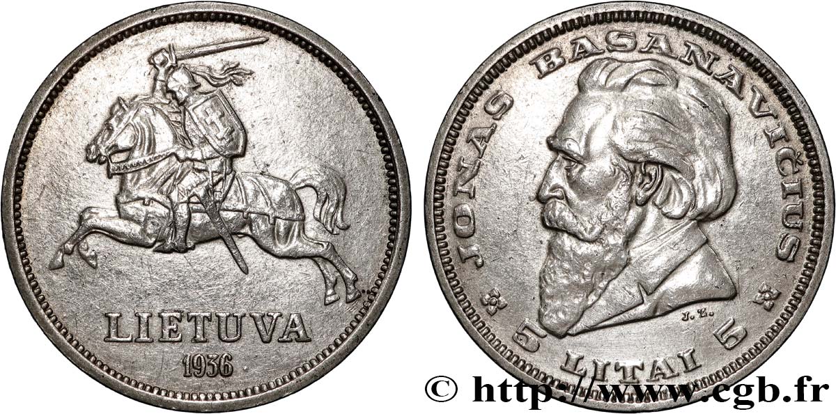 LITHUANIA 5 Litai chevalier Vitis / Dr Jonas Basanavicius 1936  AU 
