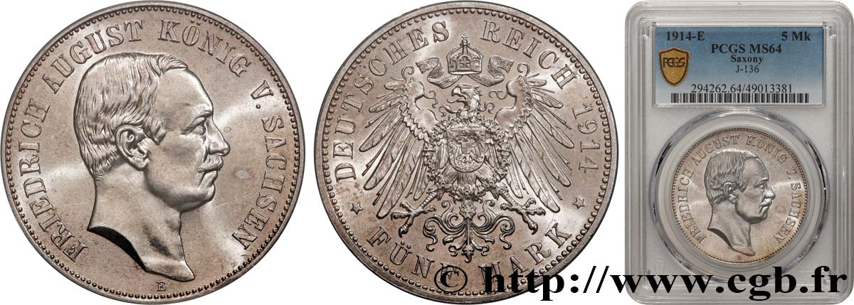 GERMANY - KINGDOM OF SAXONY - FREDERICK-AUGUSTUS III 5 Mark  1914 Muldenhütten MS64 PCGS