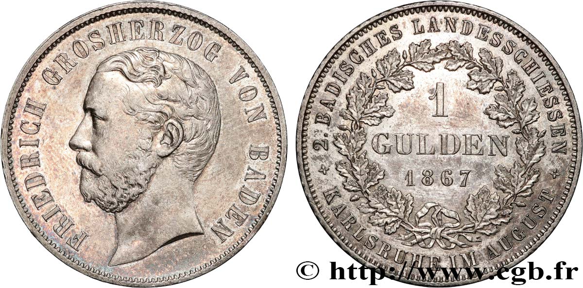 ALLEMAGNE - GRAND-DUCHÉ DE BADE - FRÉDÉRIC Ier 1 Gulden  1867  AU 