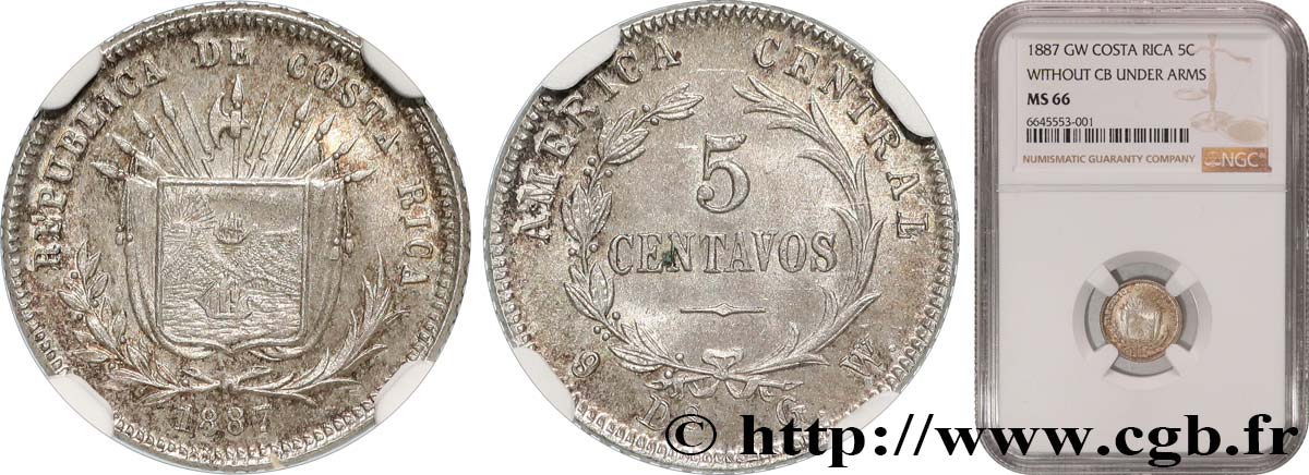 COSTA RICA 5 Centavos 1887 San José ST66 NGC