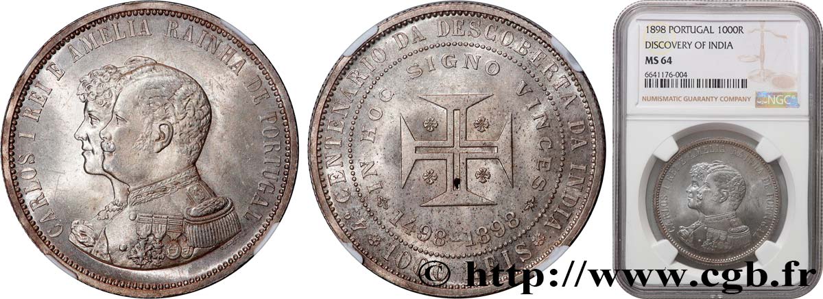 PORTOGALLO 1000 Réis Charles Ier et Amélie 1898  MS64 NGC