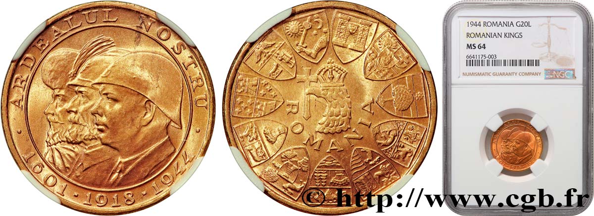 RUMÄNIEN 20 Lei 3 rois 1944 Bucarest fST64 NGC