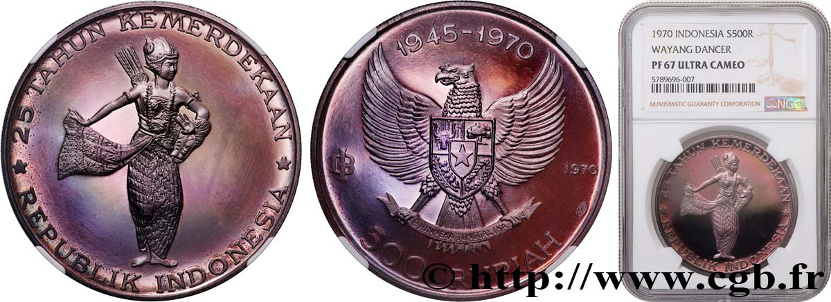 INDONESIA 500 Rupiah Proof 25e anniversaire de l’indépendance 1970  MS67 NGC