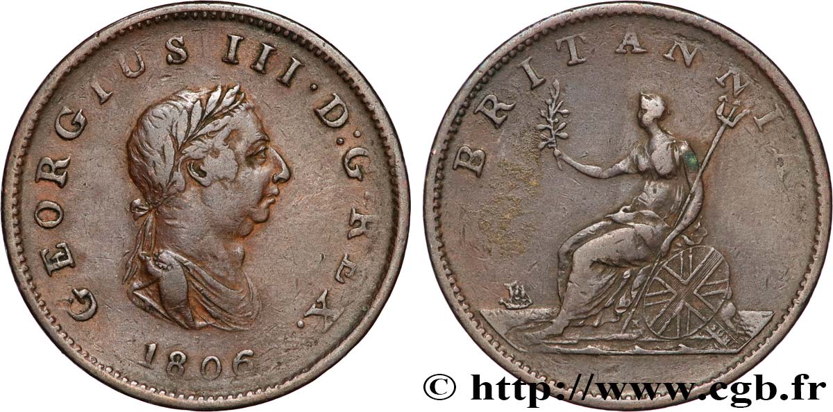 REINO UNIDO 1/2 Penny Georges III tête laurée 1806 Soho BC+ 