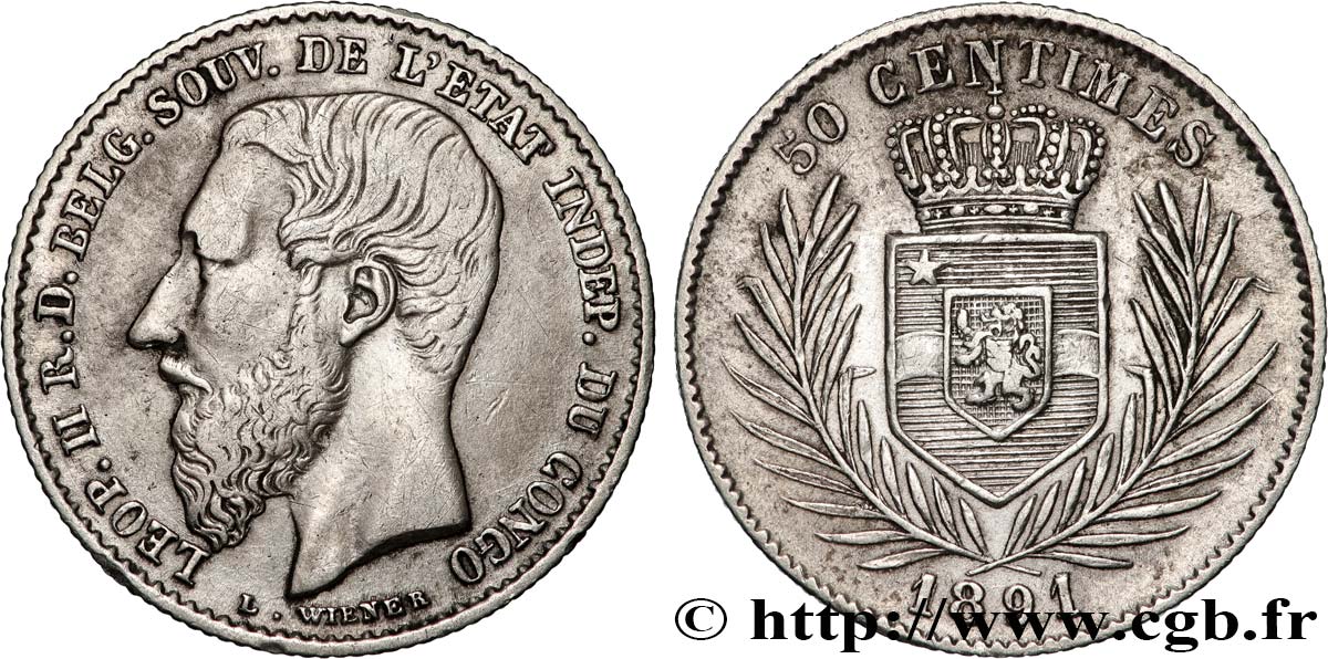 KONGO-FREISTAAT 50 Centimes Léopold II 1891  SS/fVZ 