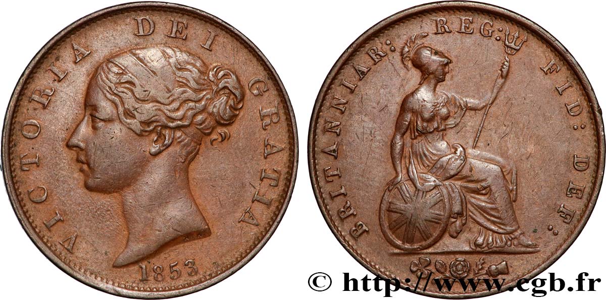 UNITED KINGDOM 1/2 Penny Victoria tête jeune 1853 Londres XF 