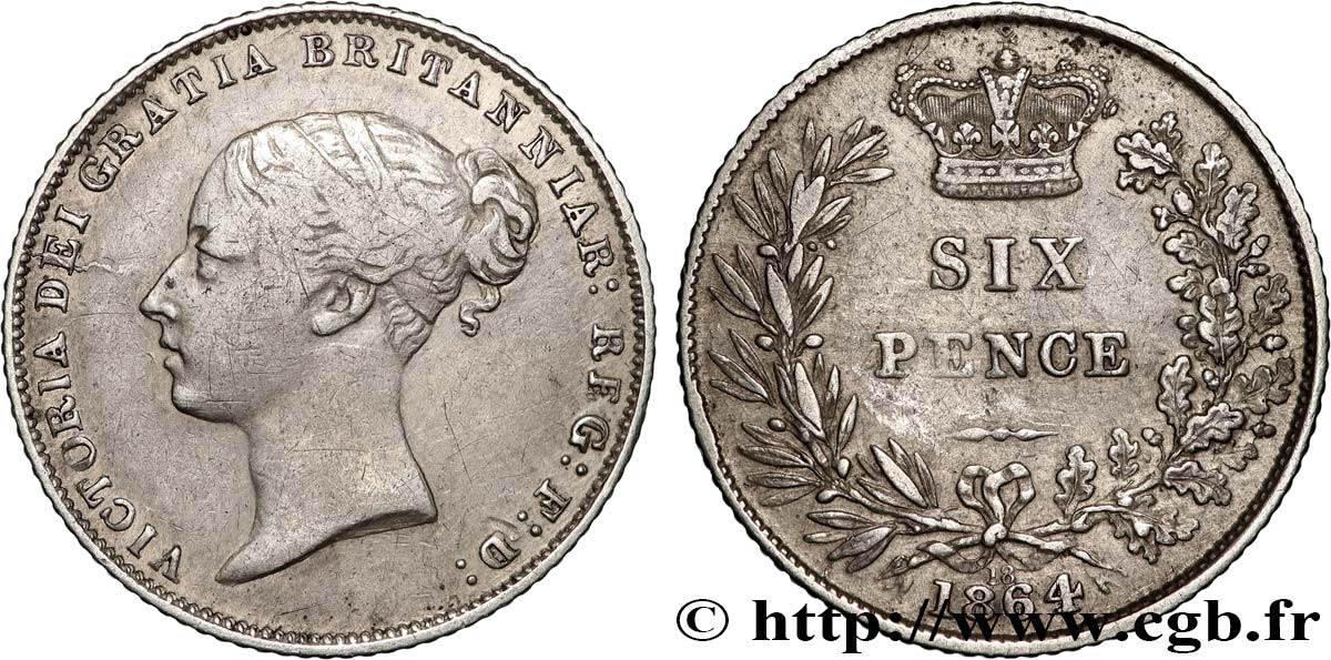 VEREINIGTEN KÖNIGREICH 6 Pence Victoria tête jeune 1864 Londres SS 