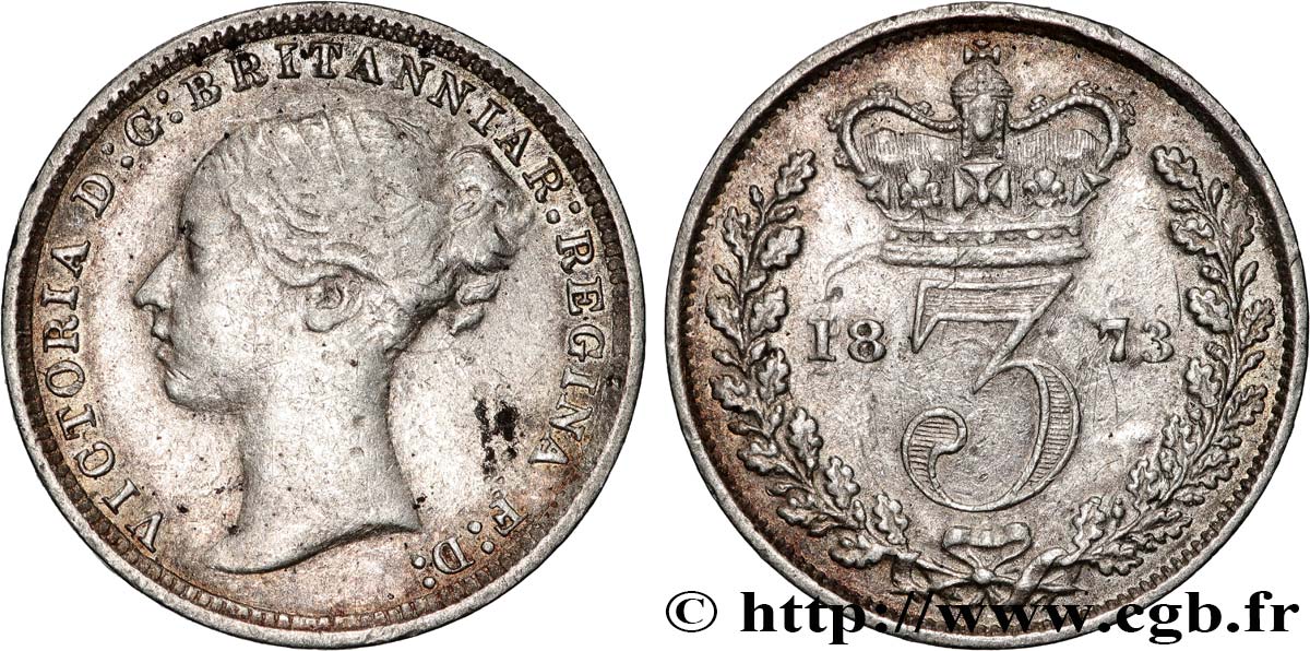 VEREINIGTEN KÖNIGREICH 3 Pence Victoria “Bun Head” 1873  fSS 