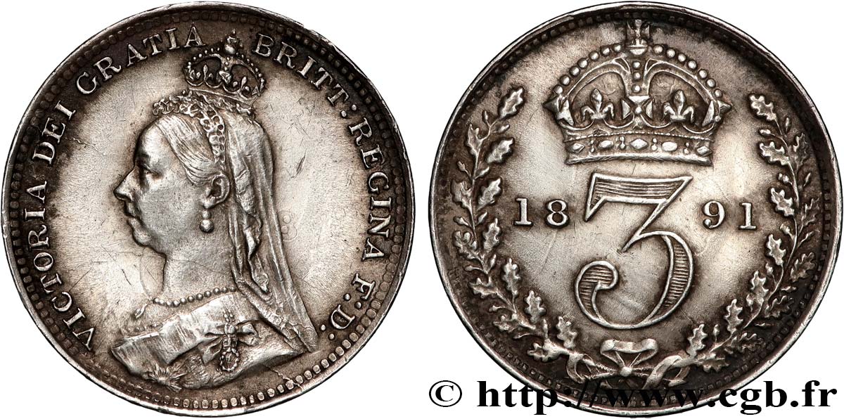 VEREINIGTEN KÖNIGREICH 3 Pence Victoria buste du jubilé 1891  SS 