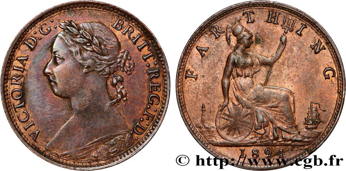 UNITED KINGDOM 1 Farthing Victoria “Bun Head” 1894  XF 