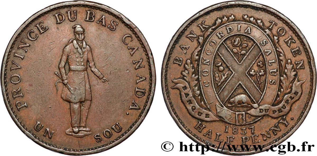 CANADA 1 Sou (1/2 Penny) Province du Bas Canada, Québec 1837 Boulton & Watt TTB 