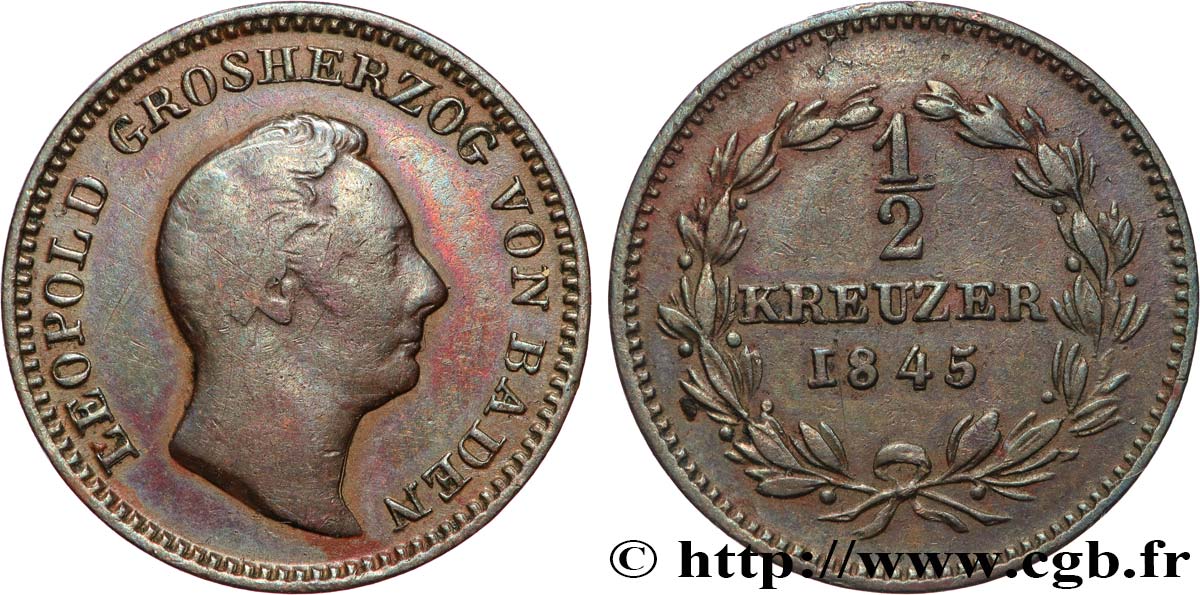 GERMANIA - BADEN 1/2 Kreuzer Léopold 1845  MB 