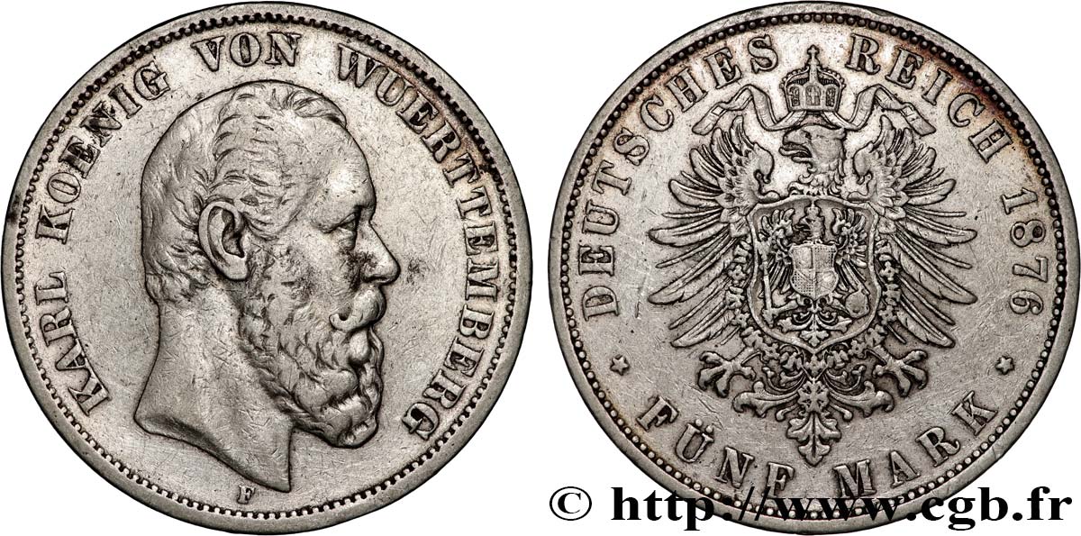 GERMANIA - WÜRTEMBERG 5 Mark Charles 1876 Stuttgart q.BB 