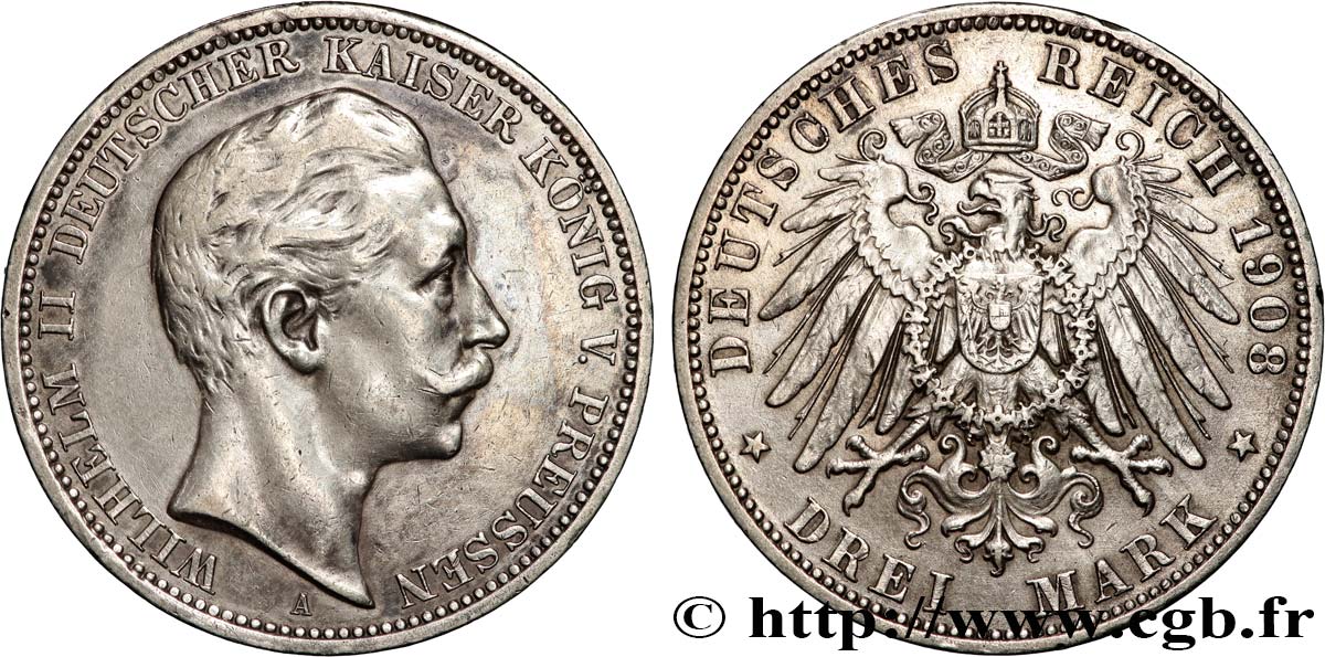 ALEMANIA - PRUSIA 3 Mark Guillaume II 1908 Berlin MBC 