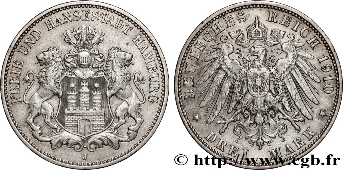 ALEMANIA - CIUDAD LIBRE DE HAMBURGO 3 Mark 1910 Hambourg MBC+ 