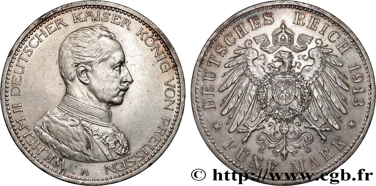 GERMANY - KINGDOM OF PRUSSIA - WILLIAM II 5 Mark  1913 Berlin AU 