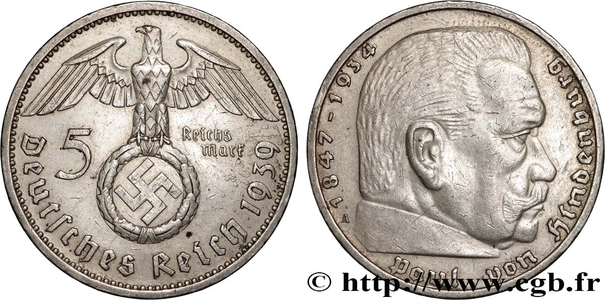 DEUTSCHLAND 5 Reichsmark Maréchal Paul von Hindenburg 1939 Berlin fVZ 