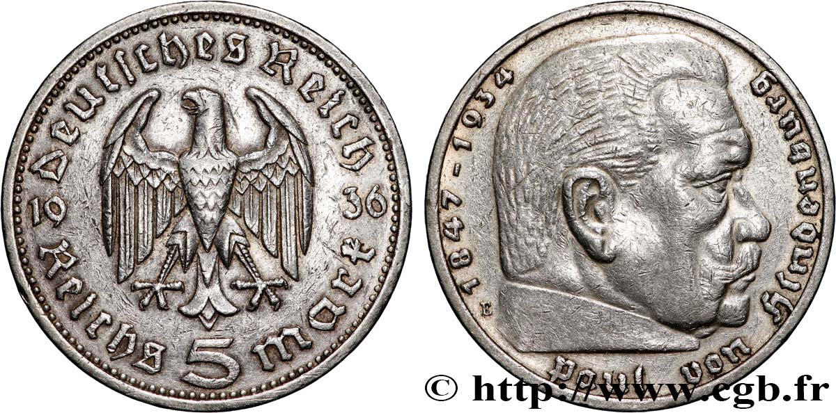 ALLEMAGNE 5 Reichsmark Maréchal Paul von Hindenburg 1936 Muldenhütten - E TTB 