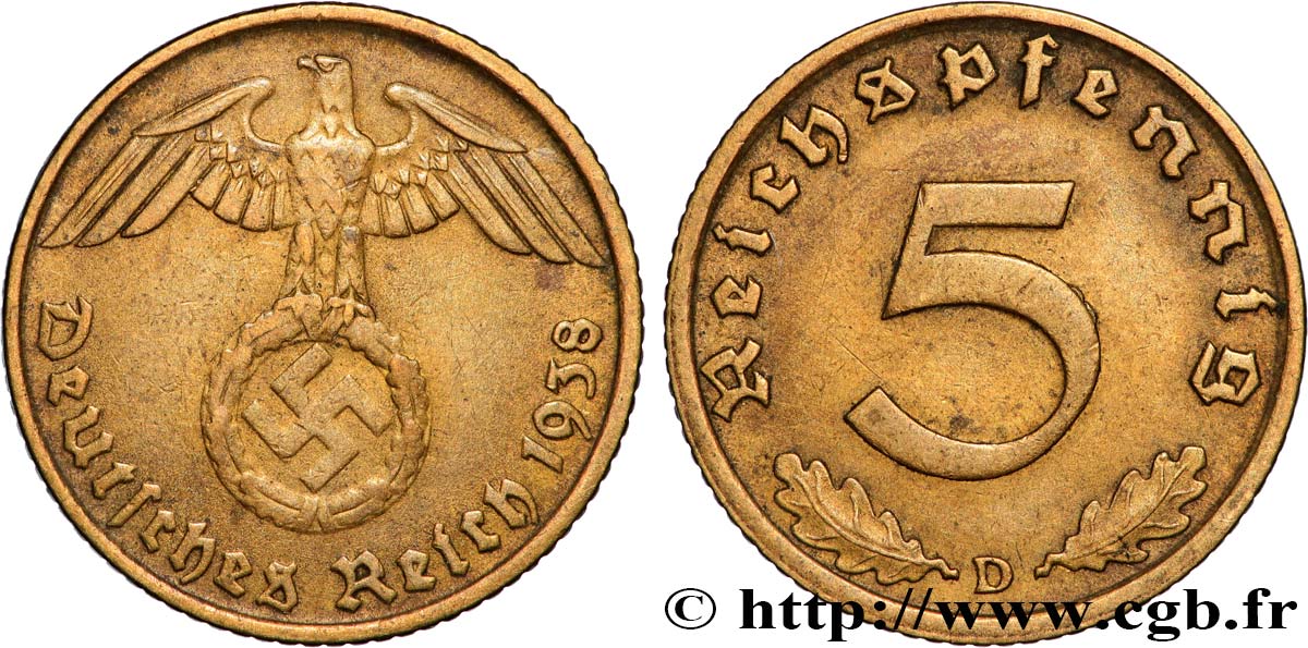 DEUTSCHLAND 5 Reichspfennig aigle surmontant une swastika 1938 Munich - D SS 