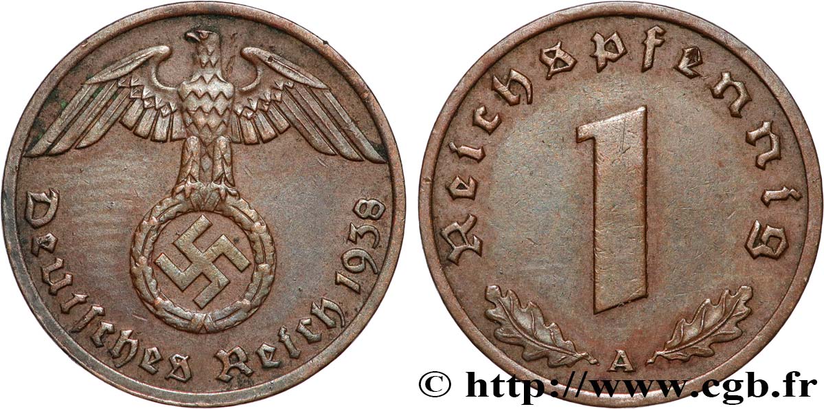 DEUTSCHLAND 1 Reichspfennig aigle et swastika 1938 Berlin fVZ 