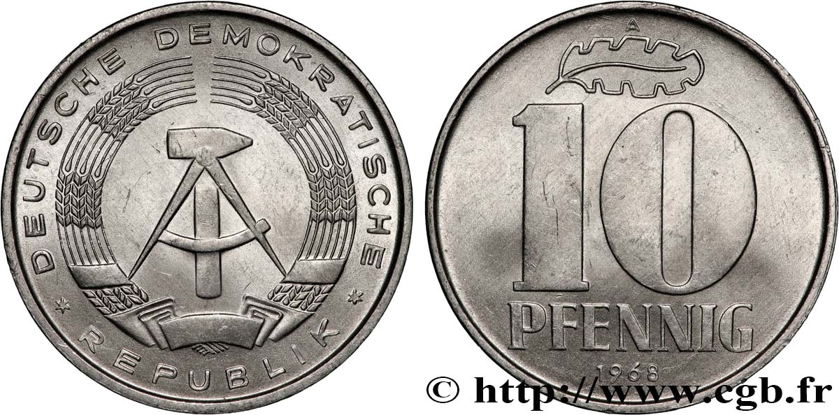 ALLEMAGNE RÉPUBLIQUE DÉMOCRATIQUE 10 Pfennig emblème de la RDA 1968 Berlin SUP 