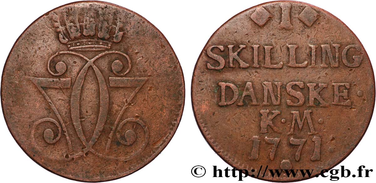 DANEMARK 1 Skilling Christian VII 1771 Copenhague TB 