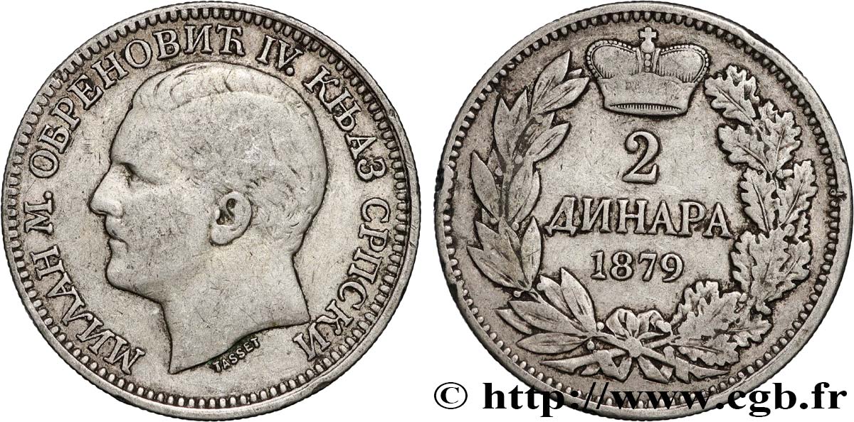 REINO DE SERBIA - MILAN IV OBRENOVIC 2 dinara 1879 Vienne BC+ 